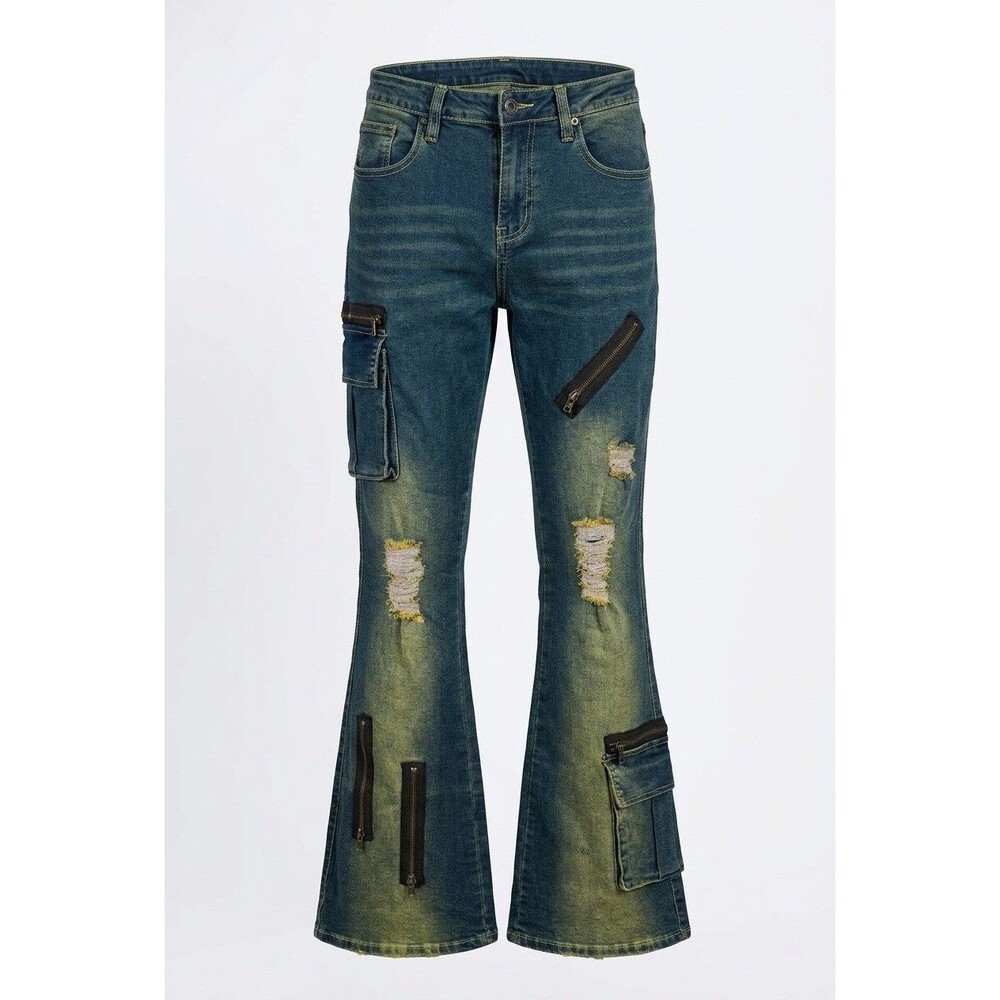 Hot Topic Destructed Zipper Flare Denim Pants Cargo Distressed Y2K Jeans Sz 9
